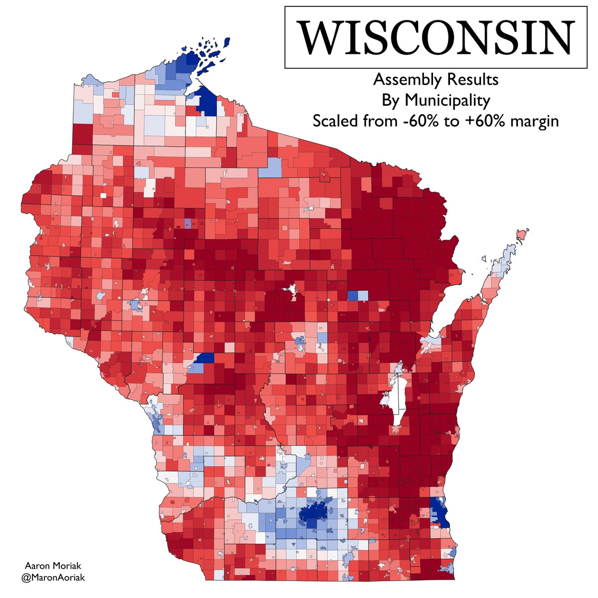 Here are the Assembly results by municipality. Please note that there were a number of uncontested races so some places (like the Menominee reservation) look discolored here.
