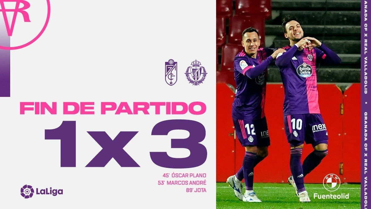 realvalladolid's tweet photo. 🏁 90' |1-3| FINAL DEL PARTIDO.
¡Segunda victoria! Hemos peleado, hemos luchado, ¡y lo hemos conseguido!
¡PARTIDAZO EQUIPO! 💜💪

#RealValladolid | #GranadaRealValladolid | #BMWfuenteolid https://t.co/qoalIKc0x8