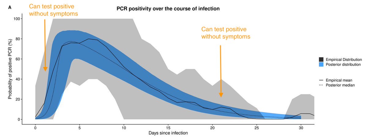 If we assume most transmission comes from those who develop symptoms, there are 2 points where these people can test positive without having symptoms - early in their infection (before symptoms appear) & later, once symptoms resolved (curve below from:  https://cmmid.github.io/topics/covid19/pcr-positivity-over-time.html) 2/