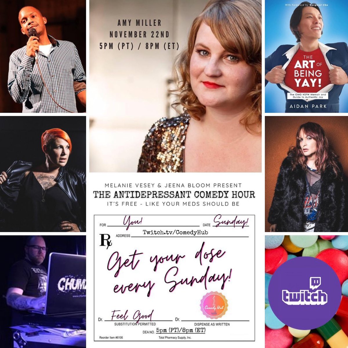 AntiDcomedy's tweet photo. 💊It’s the show that’s on your Thanksgiving gratitude list!! 

🦃 💨 
@amymiller 
@AidanParkShow 
@Maggiemayehaha 
@MelanieVesey 
@_BlueMoonLycan_ 
DJ @ChumZilla 

💊RSVP➡️ https://t.co/7LJWoFconC 

💊5pm (PT)/8pm (ET) on @ComedyHubLive https://t.co/Yt5QOF8d5R