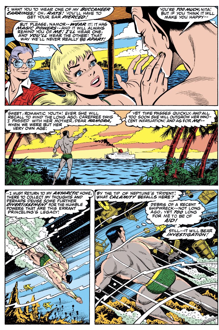 20th century cousin-crushes aside, it's worth noting that Namor doesn't actually face the camera until page 4. But you don't really notice it - his design is iconic from all angles, like the Human Torch or the Silver Surfer. Even from behind, who else would he be? 