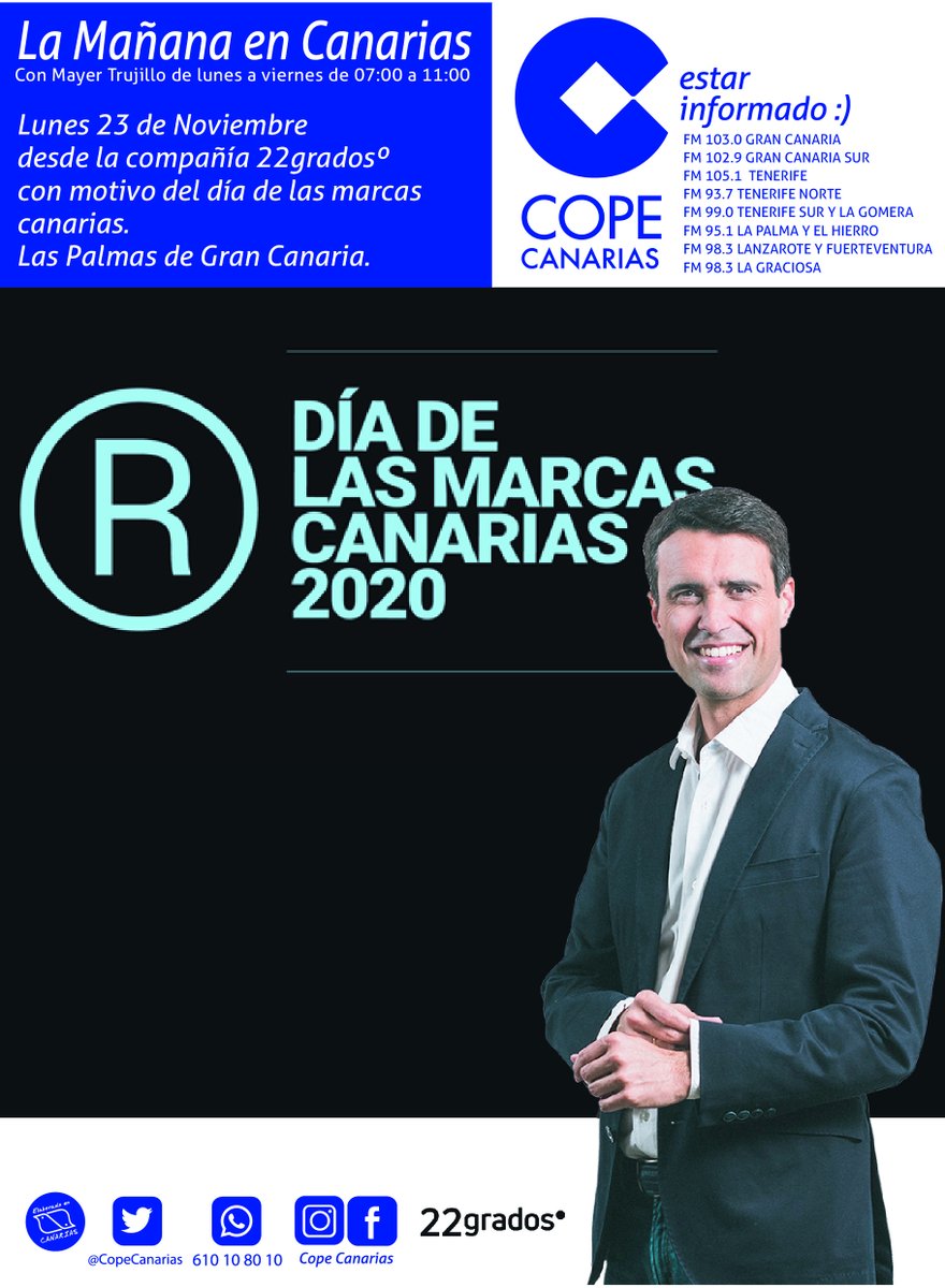 CopeCanarias's tweet photo. Un año más, celebramos el Día de las Marcas Canarias con los compañeros de @22grados.
Descubriremos cómo afrontan las empresas de las islas los desafíos de la pandemia y las oportunidades que se les presentan.
Este lunes, en 'La Mañana en Canarias" con @MayerTrujillo.
#DMC2020 https://t.co/mfNzZ3BvRd