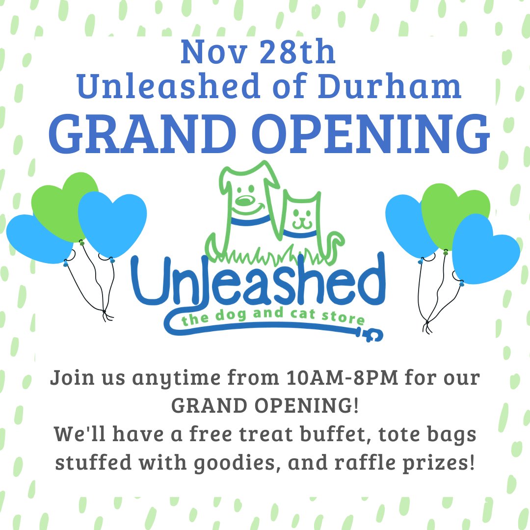 UnleashedDurham's tweet photo. This Sat, Nov 28th will be our GRAND OPENING!🎉

Join us any time from 10AM-8PM for a treat buffet, free tote bags stuffed with goodies, and raffle prizes!

We can't wait to see you there!💖

#shoplocaldurham #showsomelocallove #unleashedofdurham #SmallBusinessSaturday #Durham https://t.co/QPHEihTngs
