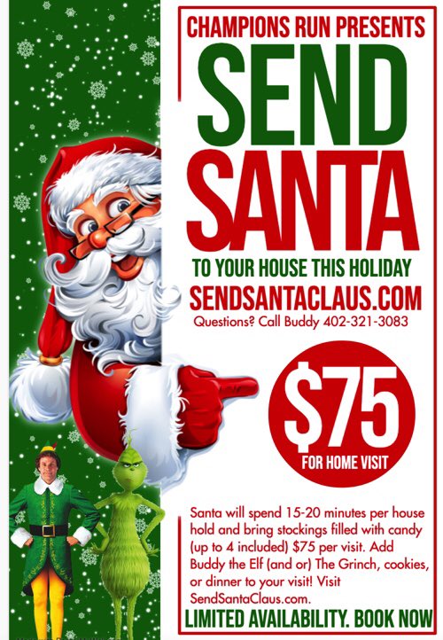 We are excited to announce Champions Run is offering in home Santa visits! We’ve partnered with the BIG MAN and his team to offer a safe in home visits this holiday season. Limited availability - visit SendSantaClaus.com to book.