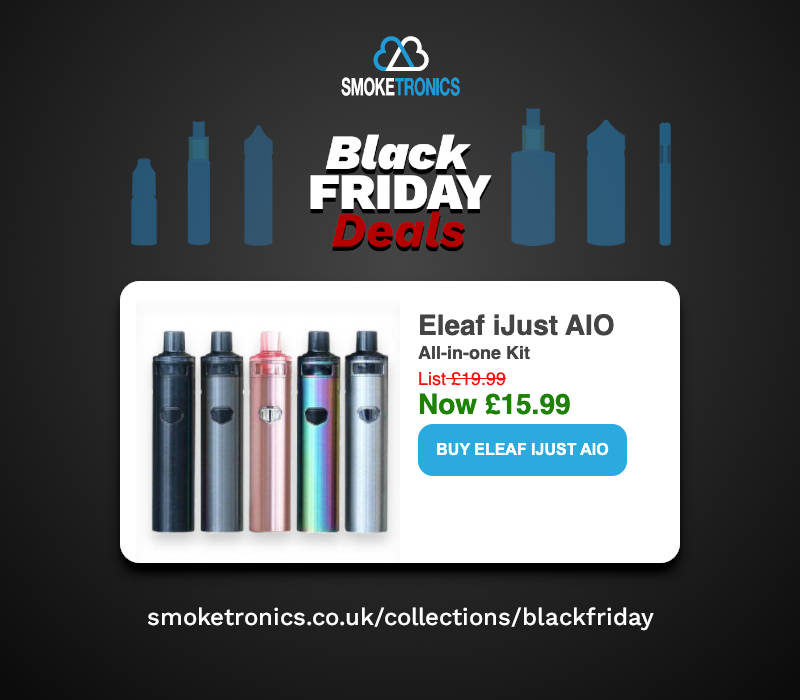 Smoketronicsuk's tweet photo. #BlackFridayDeals #eleaf iJust AIO starter kit. Amazing performance at a very affordable price - now only £15.99! https://t.co/PjiImT4Ghg https://t.co/WV0eG7POeL