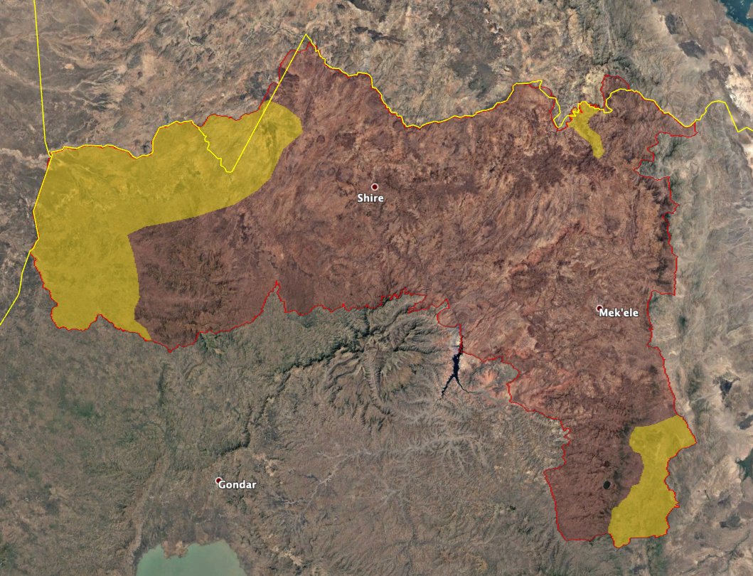 Minimum territory seized by ENDF and allies in Tigray, confirmed through geolocations and/or the TPLF admitting the loss. Obviously the areas that Addis *claims* to have seized are quite a bit more, but I've not been able to confirm them.