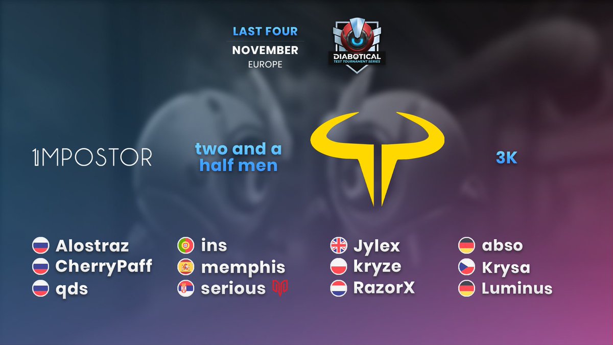 DBTesports's tweet photo. The Last Four is set!

See you next week for the playoffs, live on https://t.co/ZuYeGnDLIN, Friday @ 18:00 CET!

1 Impostor
@Alostrazy CherryPaff @kudes

two and a half men
@thisisins @memphisFPS @myztroserious 

WeirdAimers
@kryze_KG @JylexQC RazorX

3K
@absoFPS Krysa @LuminusQC https://t.co/KR9FUlh06f