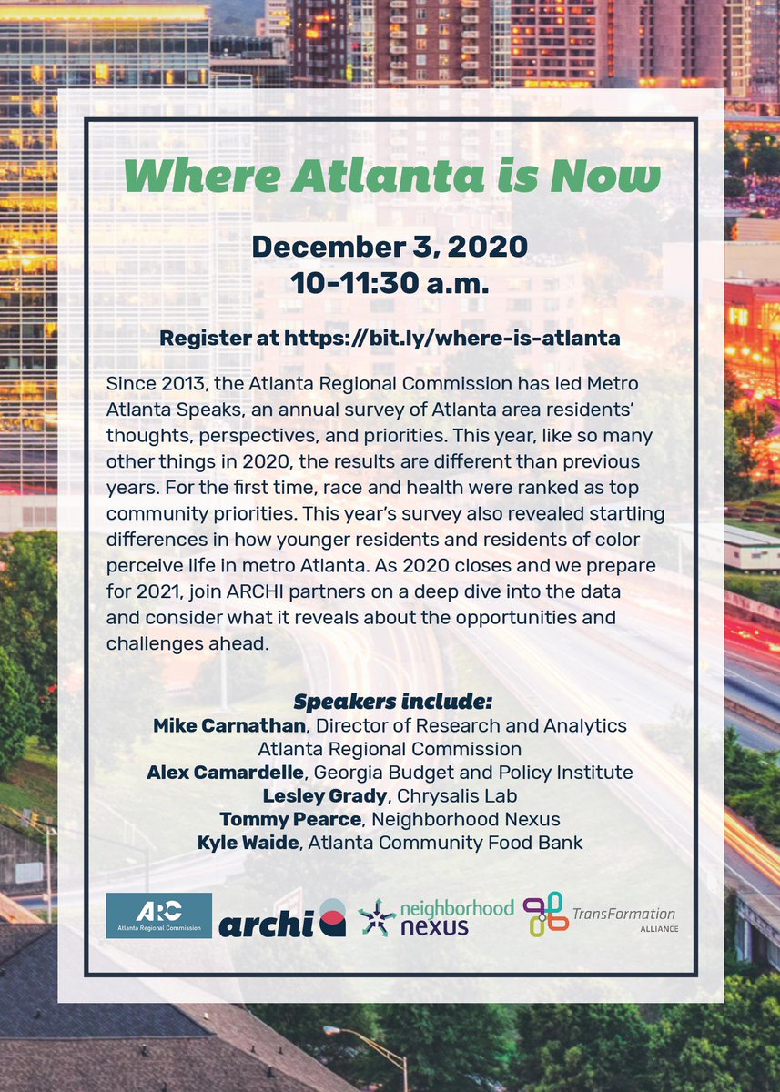 Chrysalis Lab (@chrysalislab) on Twitter photo Since 2013, the <a href="/AtlantaRegional/">Atlanta Regional Commission</a> has led Metro Atlanta Speaks, an annual survey of the thoughts, perspectives and priorities of Atlanta area residents.
Join them on December 3 for a deep dive into these results. Speakers include our Lesley Grady: bit.ly/where-is-atlan… Since 2013, the <a href="/AtlantaRegional/">Atlanta Regional Commission</a> has led Metro Atlanta Speaks, an annual survey of the thoughts, perspectives and priorities of Atlanta area residents.
Join them on December 3 for a deep dive into these results. Speakers include our Lesley Grady: bit.ly/where-is-atlan…