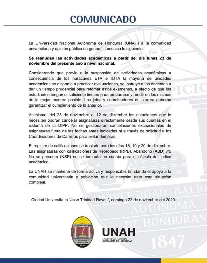dilma_ordonez's tweet photo. Se reanudan  las actividades académicas a partir del dia lunes 23 de noviembre, en la Universidad Nacional Autónoma de Honduras .
#ProyectoNoticia
#HuracanIotaHH https://t.co/y7bleOlajQ