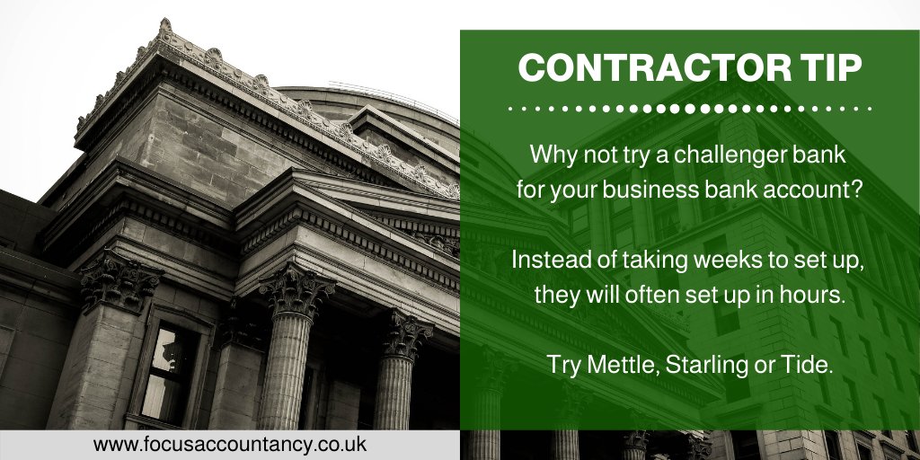 FocusBarry's tweet photo. #contractortip - You should be using a business bank account, but this can take weeks to set up with most high street banks. Why not try a challenger bank like @Mettle, @TideBusiness or @StarlingForBiz that will often set up in hours? https://t.co/SByIoaVzyH https://t.co/rOkeyGuuo4