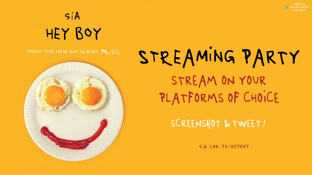 ChartsSia's tweet photo. ๐จ | LOVERS!
It's time to stream! Listen to โHey Boyโ on your platform of choice, screenshot + share with us using the #StreamHeyBoy!
Feel free to use this playlist on Spotify: https://t.co/b3lob9PVIe
Other platforms: https://t.co/qlNlSTMYxM
Let's go! ๐ถ๐ @siafurlerfanpg https://t.co/YRDMMgj0dd