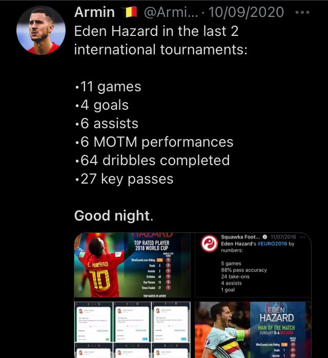 Hazard’s G/A when his teammates don’t let him down can be up to 1 G/A per game, which is insane. We’ve seen examples of that with Belgium and his final season for Lille. In 18/19 he had 31 G/A in 37 league apps, but it could’ve easily been 40+ if his teammates didn’t bottle it.