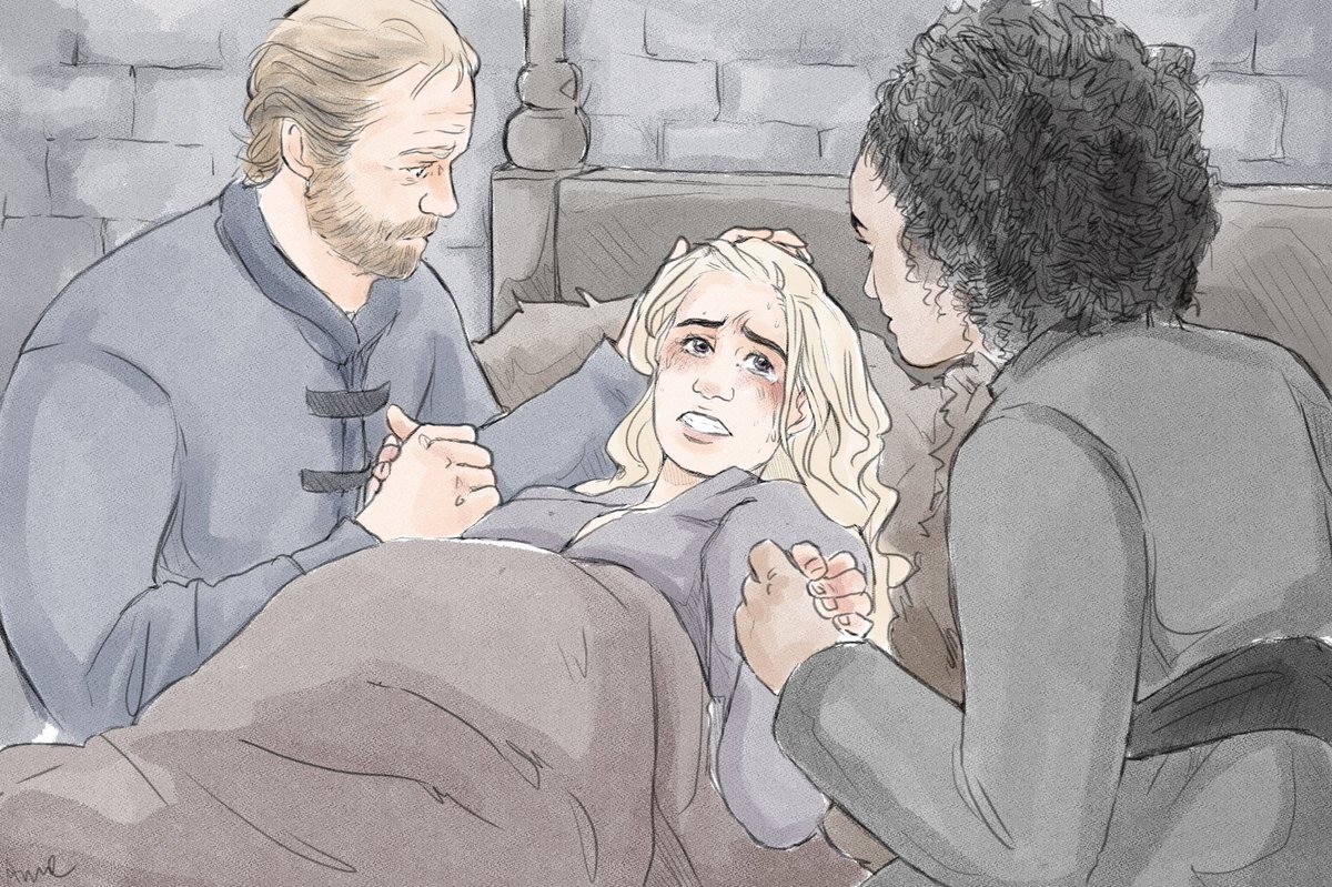 Weekend updates for two of my Jorah/Dany fics ❤️ A baby in one universe, a wedding in the other. First, some bb!Jeorgianna angst &amp; fluff in Jamais -  archiveofourown.org/works/22819954… 😱😍 With Missandei &amp; Jorah moonlighting as midwifes and gorgeous #TeamTarg art by <a href="/salzrand/">アンネ</a> 💖💞