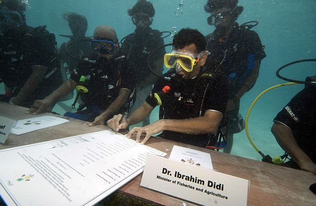 I must say the Maldives is probably the only nation that set a bold example by creating the most remarkable environmental awareness campaign ever. The president of Maldives on October 17, 2009, conducted a cabinet meeting straightaway underwater.