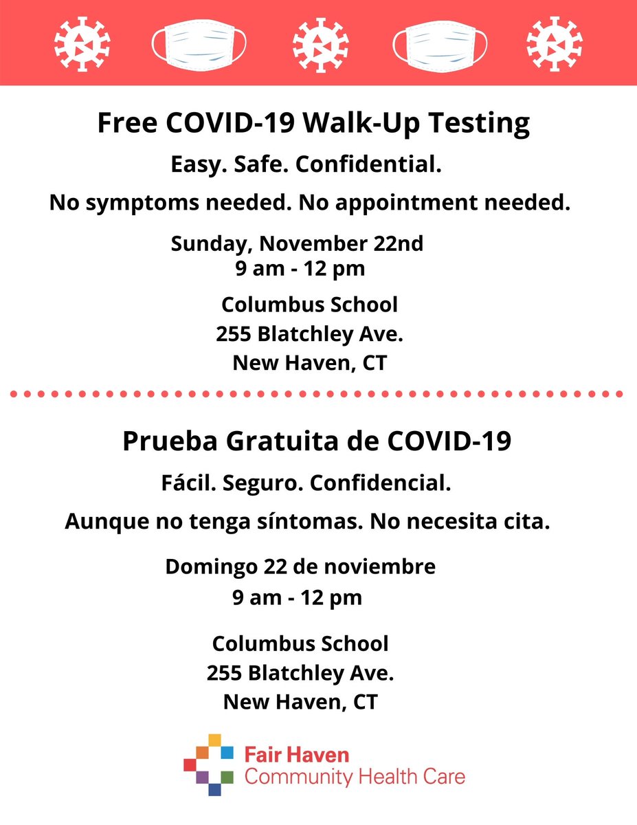 Get tested for COVID and know your status.  FREE testing today at COlumbus School,  255 Blatchey Ave, New Haven.  Come down and enjoy the mariachi band!!