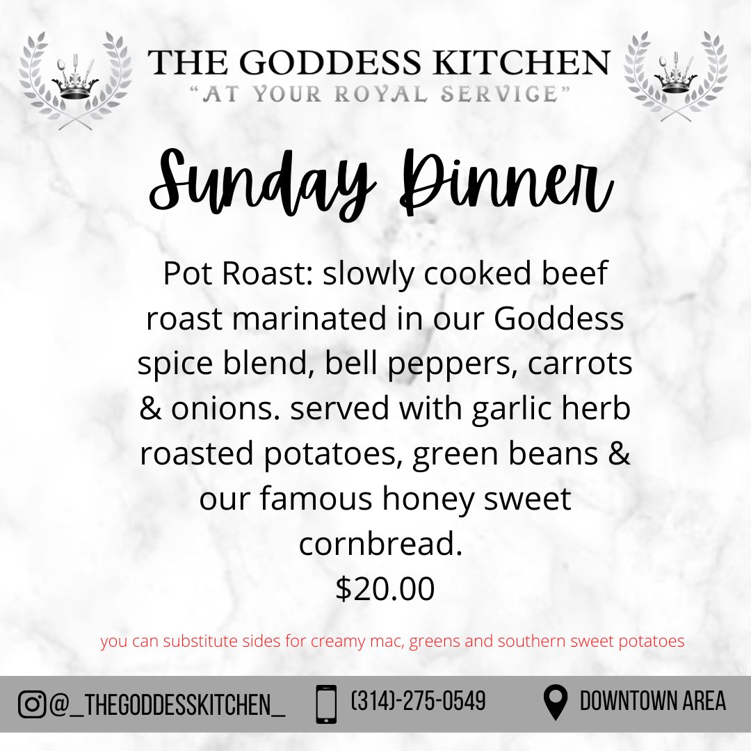 GoddessKitchen_'s tweet photo. Happy Sunday!! Here are our menu options for today! Please text 314-275-0549 to place your order. Please allow us until 1pm to respond to orders. Pickup location and time will be given when payment confirmation is received. We accept ApplePay &amp; $Cashapp ! Thank you 🙏🏽🙏🏽 https://t.co/Ql4kJL342c