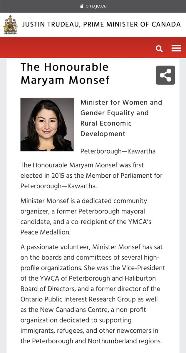 83.To the Honourable Maryam Monsef  @MaryamMonsef, our Minister for Women and Gender Equality...... and Rural Economic Development. Hmm.I would think that self-identified feminist  @JustinTrudeau would realize it’s a full time job just being Minister for Women.Anyways...