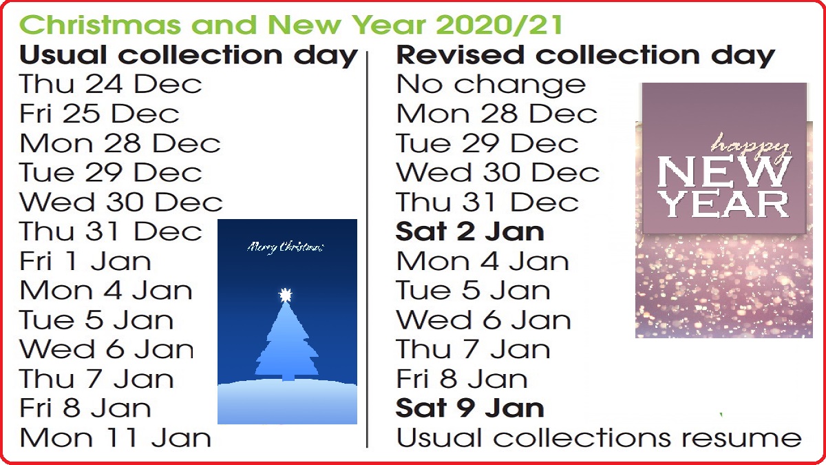 Christmas c-c-changes

Check collection days at My Collection Day: buff.ly/2E6ud8x

(Put postcode gap AB1 2DC)

My Waste Services for missed pick-ups, new recycle containers, and more: buff.ly/2E6ud8x

When festive recyclesites are open: buff.ly/2IU4gvN