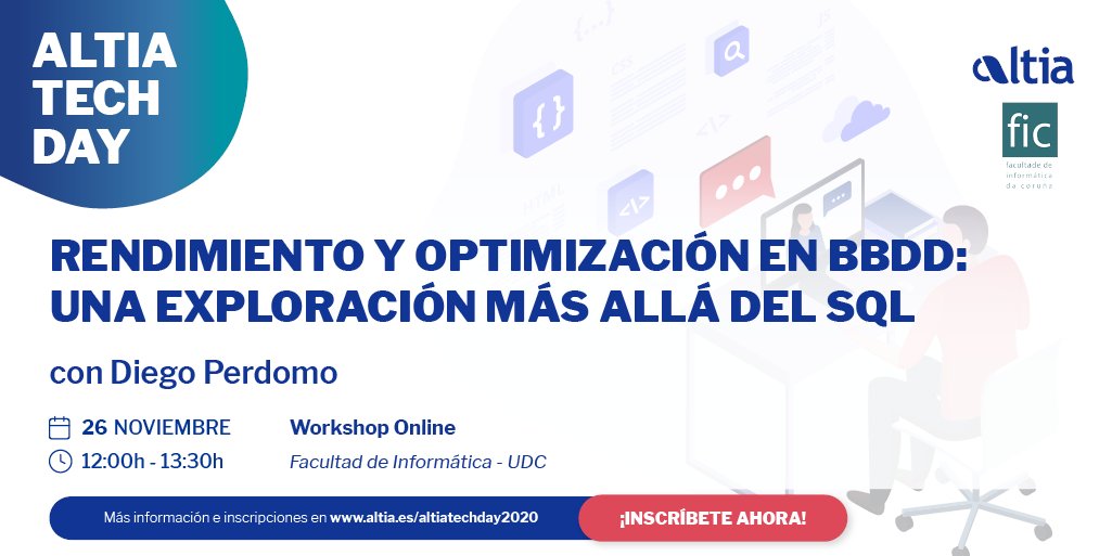 FIC_UDC's tweet photo. Se es estudante do GCED ou estás interesado nas BBDD, o xoves 26 tes unha cita con #AltiaTechDay, na que Diego Perdomo falará de rendemento e optimización máis aló do SQL. Non te perdas este workshop organizado por
@altianews e @FIC_UDC.
Inscríbete: https://t.co/rYHvrUji3Y https://t.co/gJBi7DcyV4
