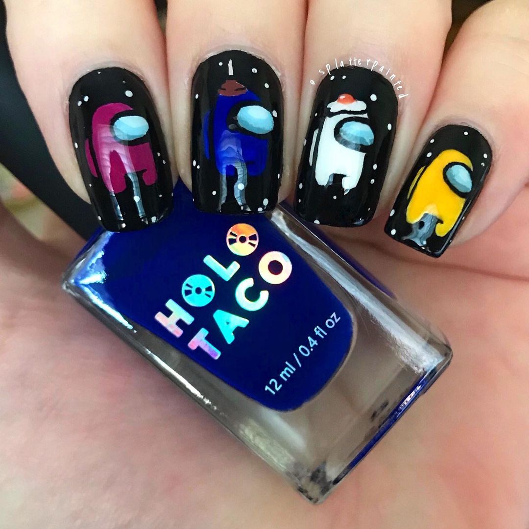 holotaco's tweet photo. Not gonna lie, boring nails are kinda sus👀😜 Don't forget... FREE ♠️One-Coat Black♠️ with the purchase of a Holo Taco bundle or collection set! Offer available for a limited time for Imposters and Crewmates!🤪🛍️ 
📸: https://t.co/a7eV10yVJC.nails 🖤 and splatterpainted 💙 https://t.co/X8QldiK4a7