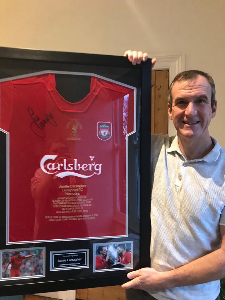 I'm a big supporter of the great work that <a href="/LiverpoolDSA/">Liverpool Disabled Supporters Association</a> do, and was delighted to discover I'd won the recent raffle of a signed <a href="/Carra23/">Jamie Carragher</a> shirt! (Coincidentally, Jamie and I both Bootle lads, attended @Savio_Salesian, but a few years apart!)