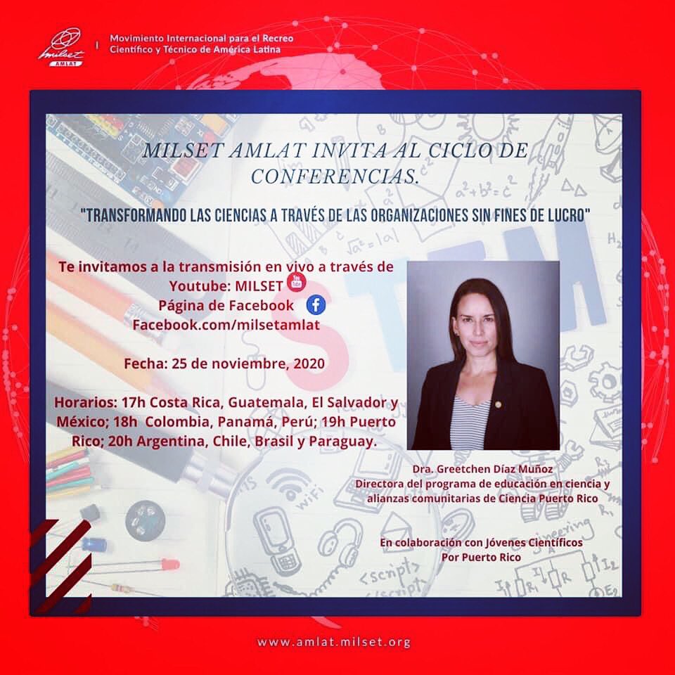JCientificosPR's tweet photo. En Vivo
‘TRANSFORMANDO LAS CIENCIAS A TRAVÉS DE LAS ORGANIZACIONES SIN FINES DE LUCRO’

miércoles 25 Nov

19h (7 PM) Puerto Rico 🇵🇷

Transmisión por:
Youtube: MILSET
Página de Facebook:
https://t.co/bbus7ZlWWj

#milset #milsetamlat
#jcppr #stem #herlead #cienciapr #daveandbusters https://t.co/alCcW9b9aZ