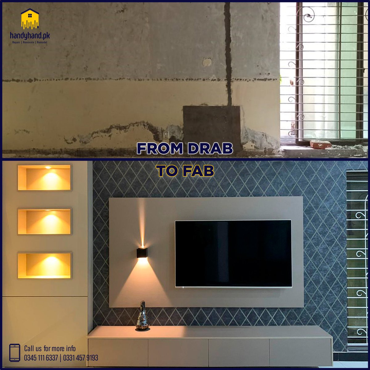HandyHandpk's tweet photo. Witness the Magic! For transformation of your house, Call Now: 0345-1116337 / 0331-4579193

#Renovation #MediaWall #LedWall #Interior #Handyhandpk #Decor #Design #beforeandafter https://t.co/dZstg8NXGV