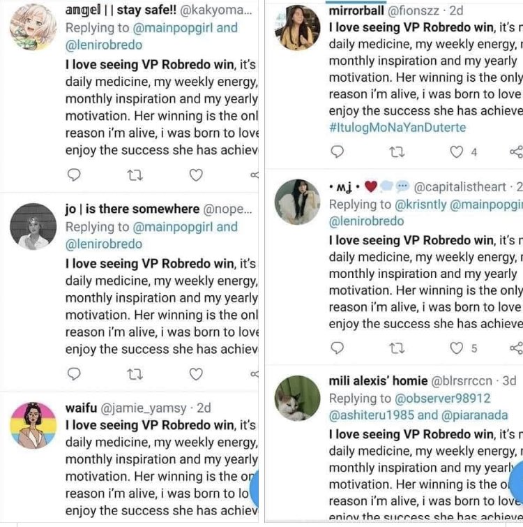 Different Twitter accounts, exactly same tweet. Daming budget sa trolls ang dilawan ano po ⁦<a href="/aikarobredo/">Aika Robredo</a>⁩ ⁦<a href="/jpgrobredo/">Tricia Robredo</a>⁩ ⁦<a href="/lenirobredo/">Leni Robredo</a>⁩  😂😂😂😂😂😂😂😂😂😂😂😂😂