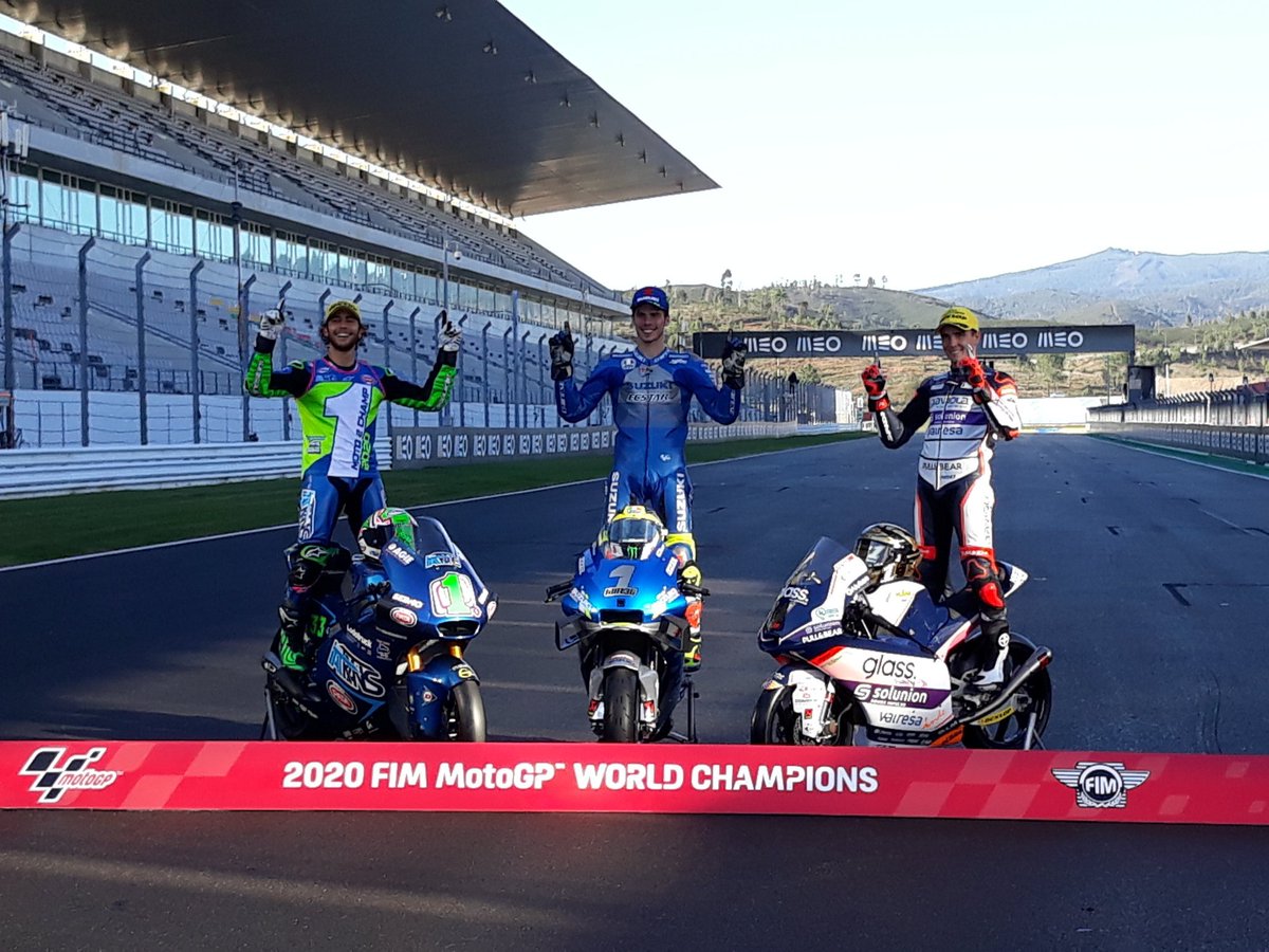 mlito13's tweet photo. 2020 World Champions:🏁🍾🍾🍾

#MotoGP @JoanMirOfficial #JM36 🇪🇸 #M1R
#Moto2 @eneabastianini #EB33 🇮🇹 
#BeastMode
#Moto3 @AlbertArenas75 #AR75 🇪🇸 #SuperArenas

#PortugueseGP 🇵🇹 #PortugalGP #Portimao #Algarve https://t.co/1Vq2THatNj