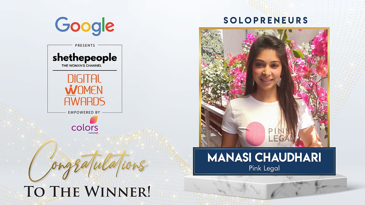 chaudharimanasi's tweet photo. Delighted to share that I won the Digital Women Award 2020 for my enterprise @Pinklegal_in by @SheThePeople @GoogleIndia @ColorsTV #pinklegal #digitalwomenawards2020 https://t.co/oO4jvldUZe