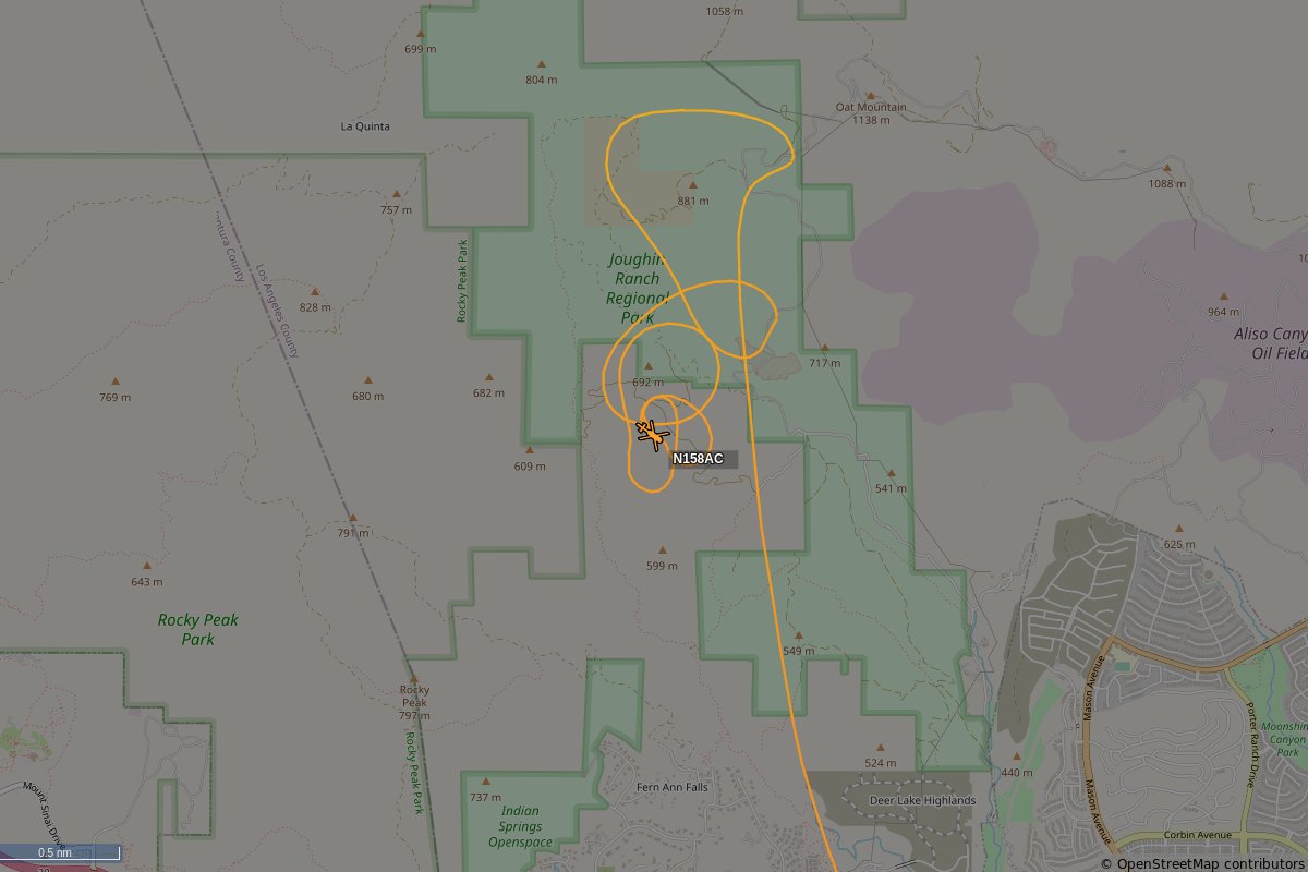 SkyCirclesLA's tweet photo. N158AC, a Sikorsky S-64-F, is circling over Los Angeles County at 2425 feet, speed 58 MPH, squawking 1200, 0.41 miles from Nike Missile Launch Site LA-88 (Closed) #N158AC https://t.co/LYfVzjjhvS https://t.co/4dbi2gaaPW