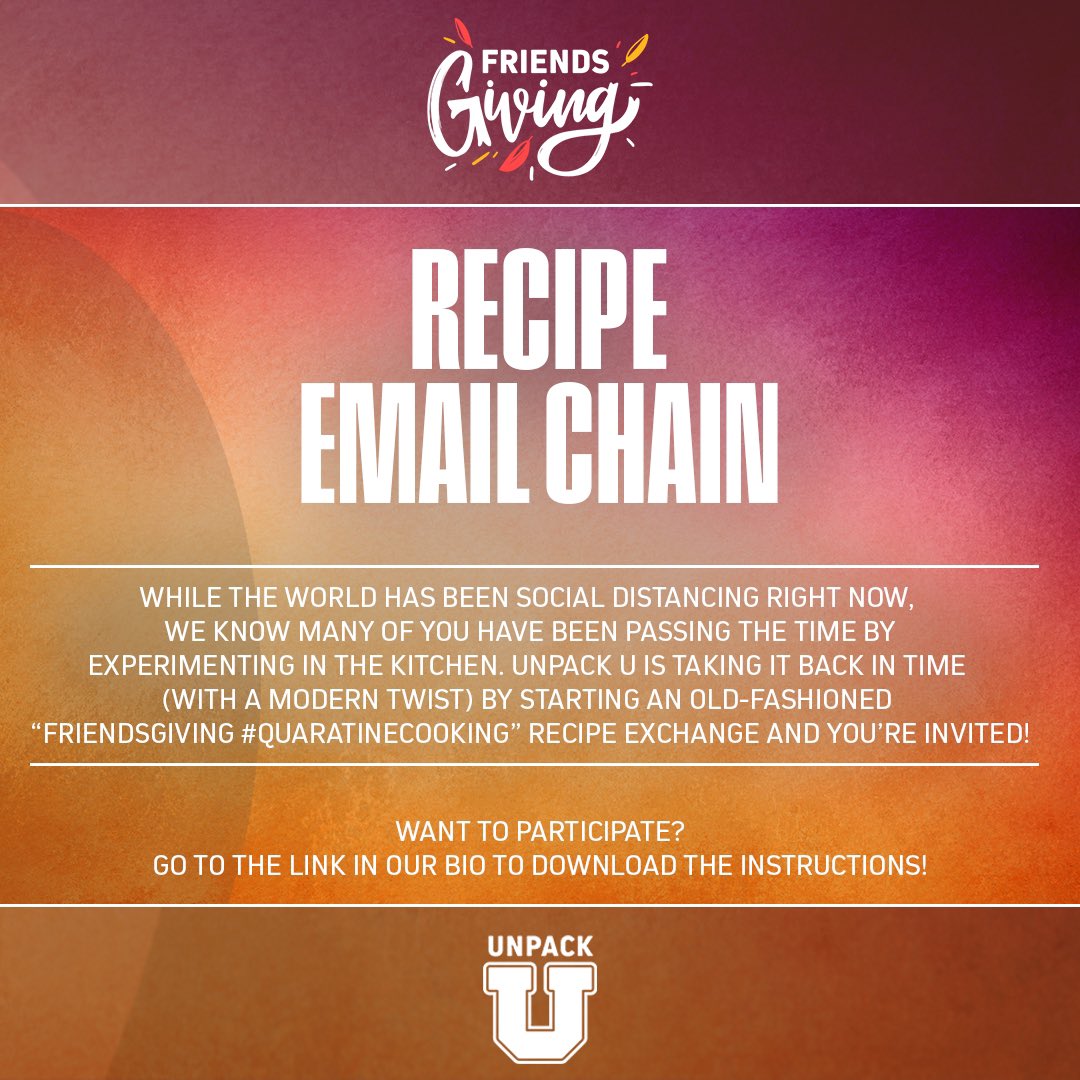 UnpackUpgh's tweet photo. HAPPY #FRIENDSGIVING! 🍁🍂⁣⁣
⁣⁣
Hosting a virtual meal with friends and family? Experimenting in the kitchen during the quarantine? ⁣⁣
⁣⁣
Join #Unpack#as we celebrate with an old- fashioned Recipe Chain! ⁣⁣
⁣⁣
For details:
https://t.co/QHtM0gMR7D
🍗🥧🌽🥔⁣⁣
⁣ https://t.co/CpU1r20HQr