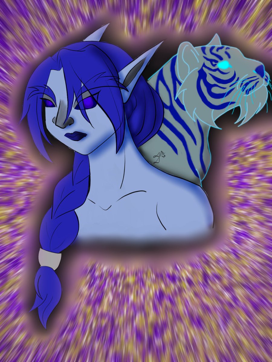 Mellea16's tweet photo. Hey everyone my friend drew this fan art of me and my mighty spirit beast Sally. We been hunting together since the Alliance raided northrend  outside of  wow it’s been 12 years in game time I do not know. https://t.co/l4FM03eYs9