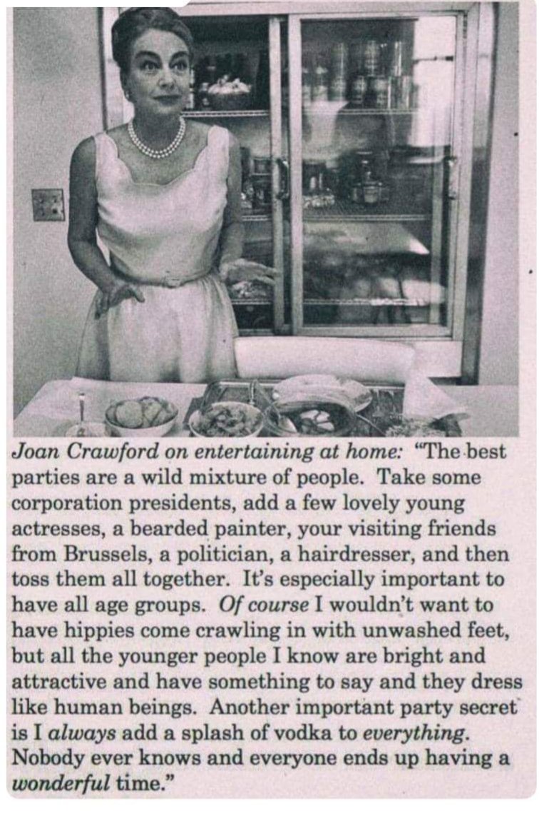 moviesharkd's tweet photo. Holiday entertaining tips from Joan Crawford. . . Make sure your feet are washed and add a splash of vodka to everything! #TurkeyDayTips #HolidayEntertaining #TCMParty https://t.co/IvkIQLyQ3g