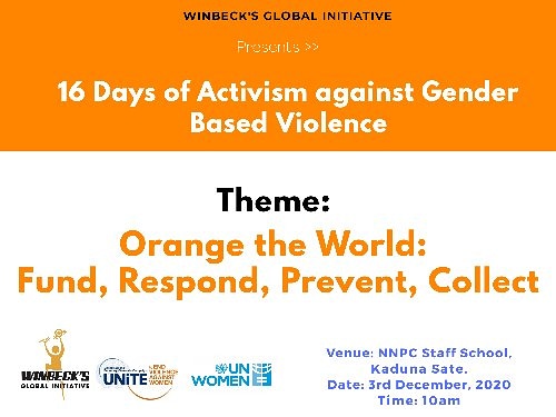 We are excited to join again this year <a href="/unwomenNG/">UN Women Nigeria</a>, <a href="/SayNO_UNiTE/">Say NO - UNiTE</a> etc to mark the 2020 #16DaysOfActivism against Gender-based Violence on 25th November, 1st of December and 3rd of December.

Please refer to each flyer for more details.
#orangetheworld
#WeUp 
More schools loading...