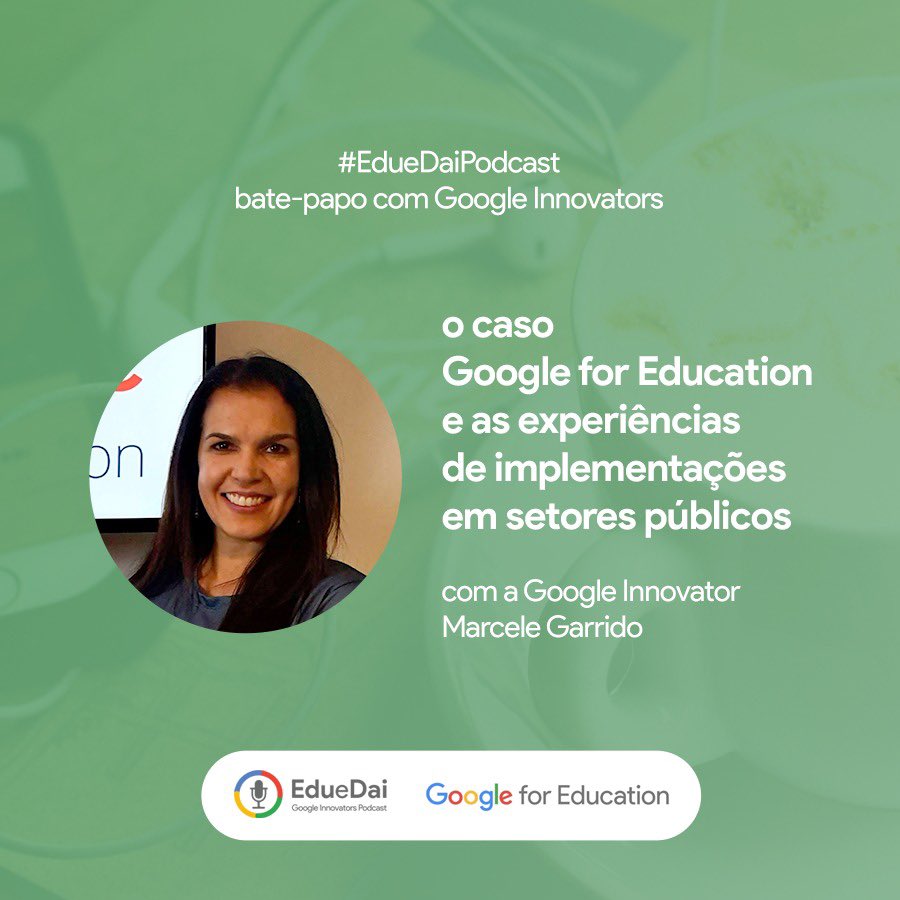 eduedaipodcast's tweet photo. Domingou com #EdueDaiPodcast e as histórias inspiradoras da Marcele Garrido, Google Innovator que vivenciou situações de implementação Google for Education no setor público. Bota o fone e bora ouvir 🎧🤓 https://t.co/ZY8geq5VYa
.
.
#GoogleInnovators
#BatePapoGoogleInnovators https://t.co/zvxuhOkveJ