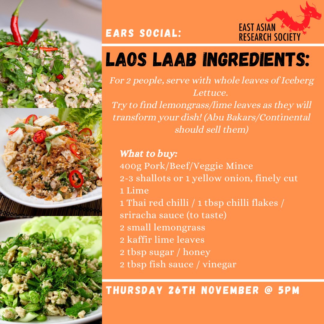 Ever wanted to expand your Asian cooking skills? 

Well, come to this Thursday’s virtual cookalong! We will be learning to make Laos Laab - a delicious meat salad that is regarded as the unofficial national dish of Laos! (Veggie and vegan options too of course!)