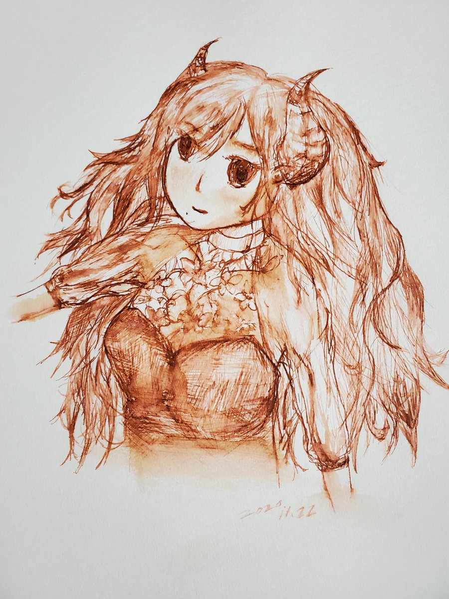 M178y's tweet photo. 誕生日配信を見て（もう3年か～）描いてたら日付変わってたがとりあえずペタリ。
小樽に行った時買って濃い目の茶色が使いづらいからか放置していた新色で。これ水で薄めたら…懐かしくって暖かい感じ（そして幼気）になって化けた！やっぱ #ガラスペン は水彩筆必須だなぁ…
 #メアリのメモリー https://t.co/2WcHxp2xqx