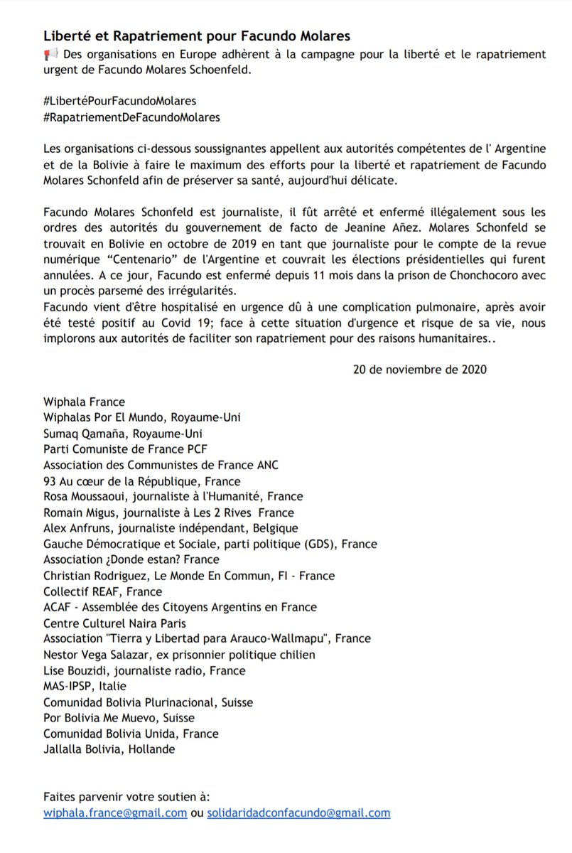 WiphalaF's tweet photo. @CancilleriaARG  @MRE_Bolivia 
Des organisation en #Europe se joignent à l'appel pour la libération et rapatriement d'urgence de @facundomolares, prisonnier politique de #Añez, sa santé est en danger.
#LibertadParaFacundoMolares #RepatriaciónDeFacundoMolares
@ACAFasamblea https://t.co/ylQTSyspdI