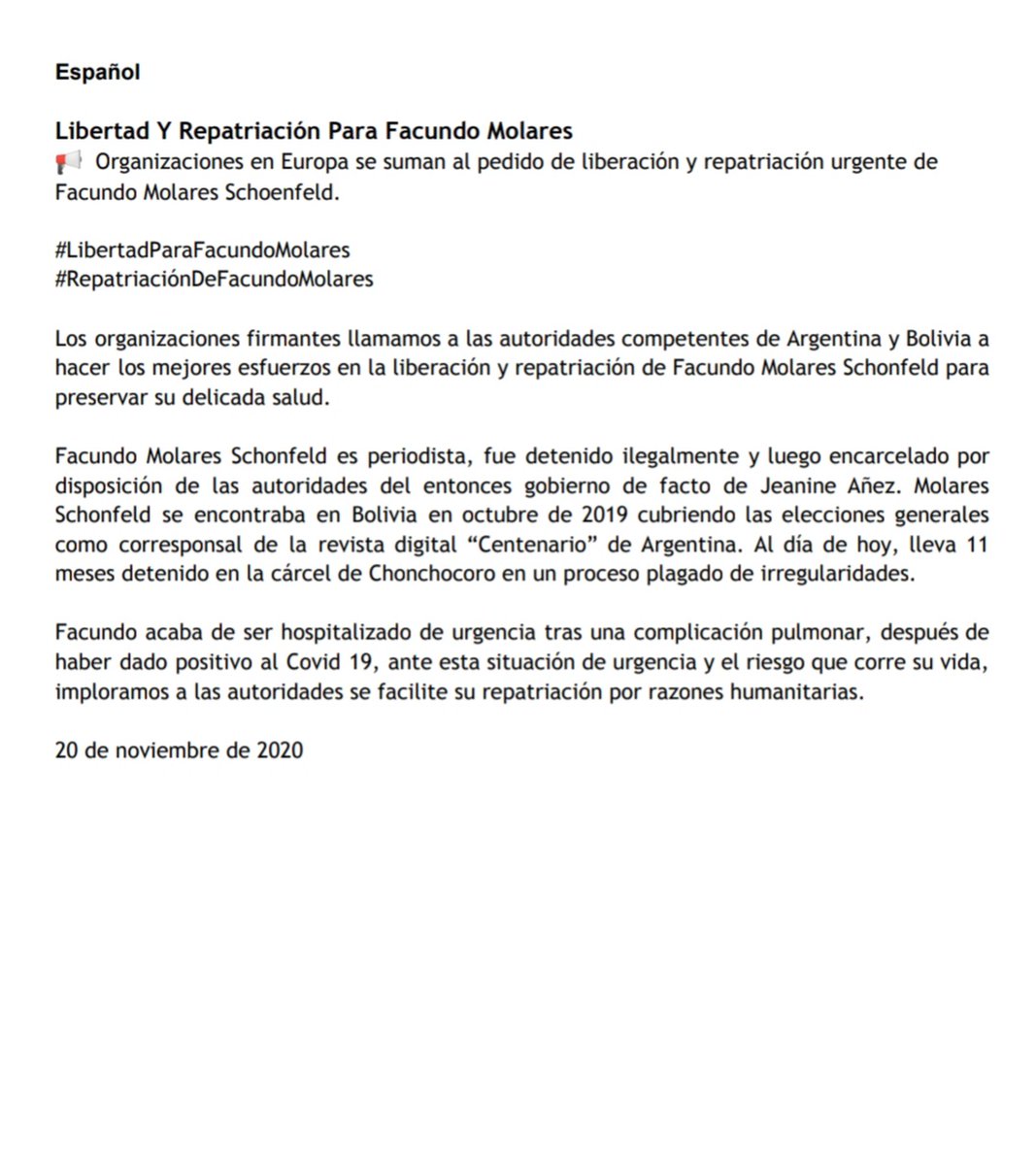 WiphalaF's tweet photo. @CancilleriaARG  @MRE_Bolivia 
Des organisation en #Europe se joignent à l'appel pour la libération et rapatriement d'urgence de @facundomolares, prisonnier politique de #Añez, sa santé est en danger.
#LibertadParaFacundoMolares #RepatriaciónDeFacundoMolares
@ACAFasamblea https://t.co/ylQTSyspdI