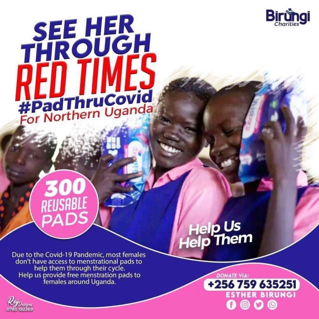 Very many girls in Uganda cannot afford sanitary towels anymore because of the effects of Covid19.
You can make a difference by donating one. 
#PadThruCovid Nothern Uganda happens this weekend. 
Donate to 0759635251