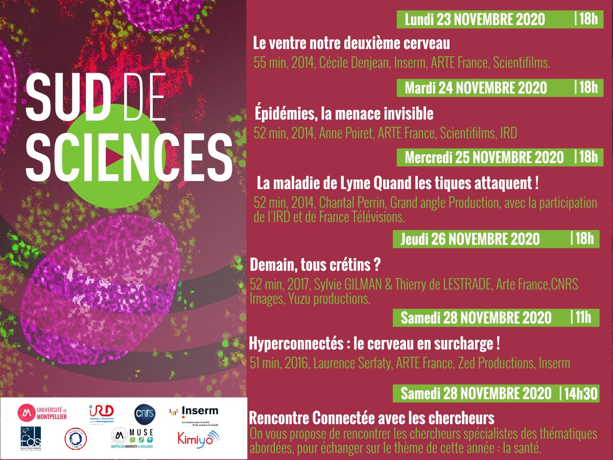 [#SudDeSciences] Demain lancement du festival avec une programmation tout en #numerique 🎞️.  

▶️ Rendez-vous tous les soirs de la semaine à 18h pour visionner un film puis échanger avec un·e chercheur·se sur une thématique de #sante : 

youtube.com/channel/UCNob6…