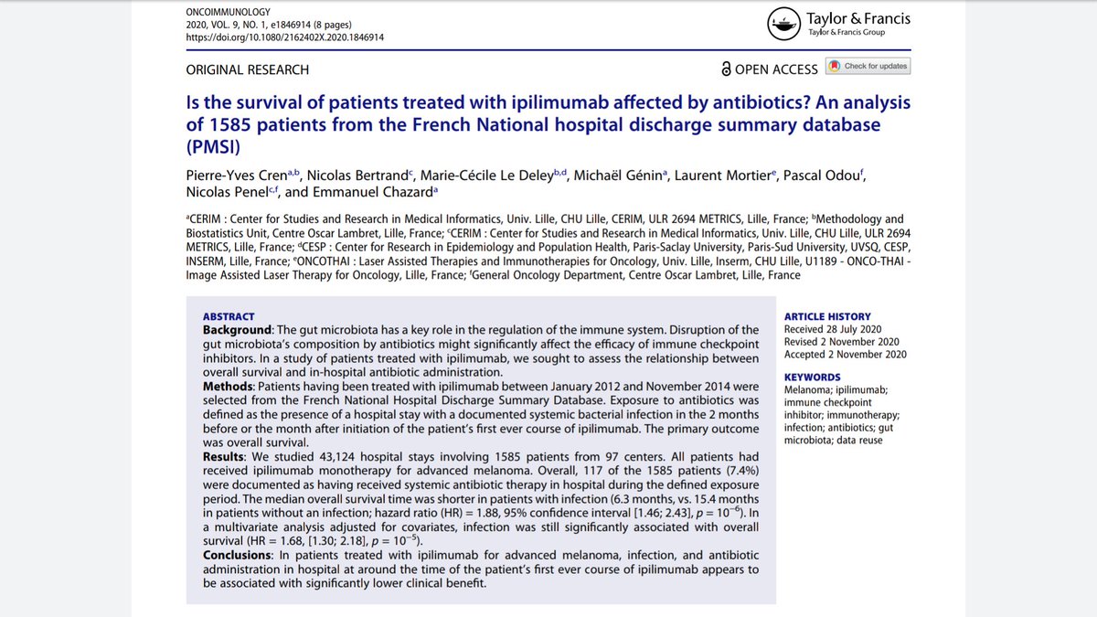 Is the survival of patients treated with ipilimumab affected by antibiotics? @cher_cancR  tandfonline.com/doi/full/10.10…