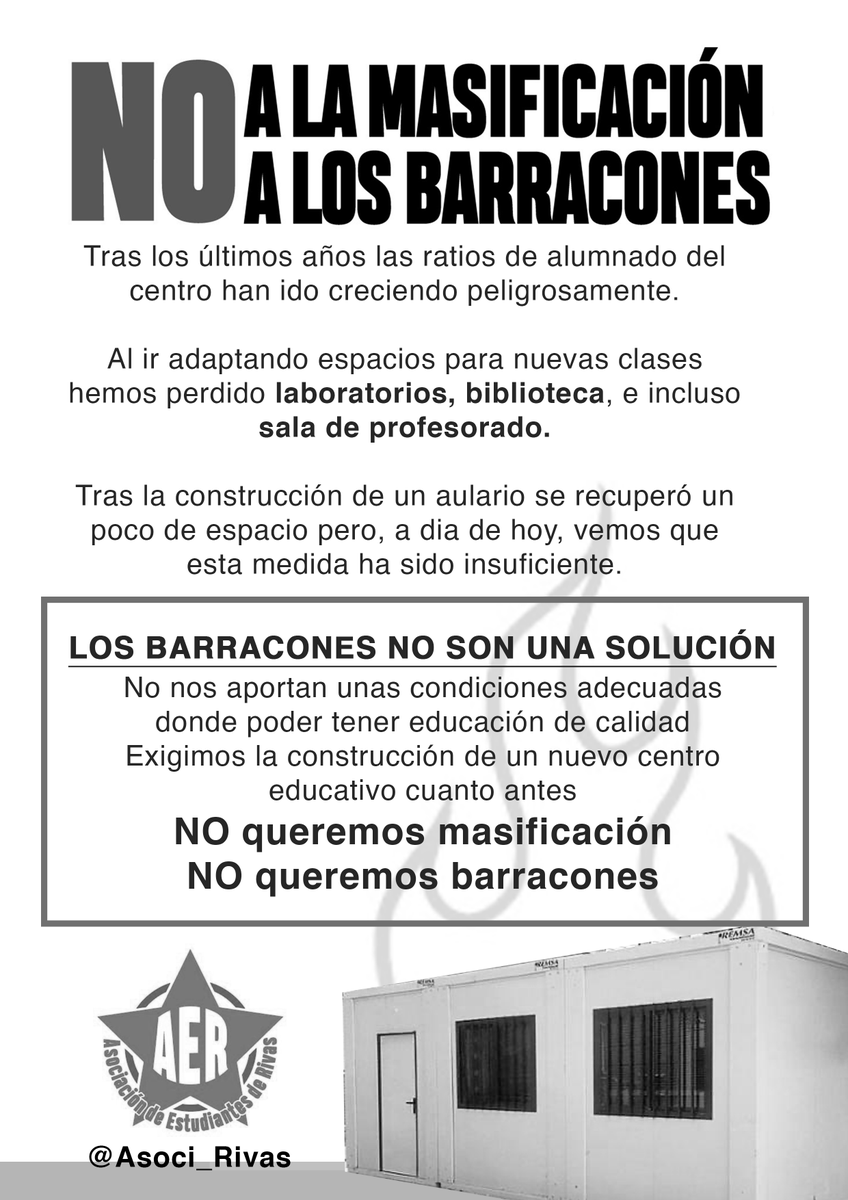 Asoci_Rivas's tweet photo. 🔴ESTA SEMANA ESTÁ PREVISTA LA COLOCACIÓN DE BARRACONES EN EL PATIO DEL IES JULIO PEREZ PARA SER USADOS COMO AULAS🔴
Nos oponemos a estas medidas que tratan de "solucionar" los problemas de ratios y para ello EXIGIMOS LA CONSTRUCCIÓN UN NUEVO CENTRO EDUCATIVO EN RIVAS https://t.co/H1C5jXsS20