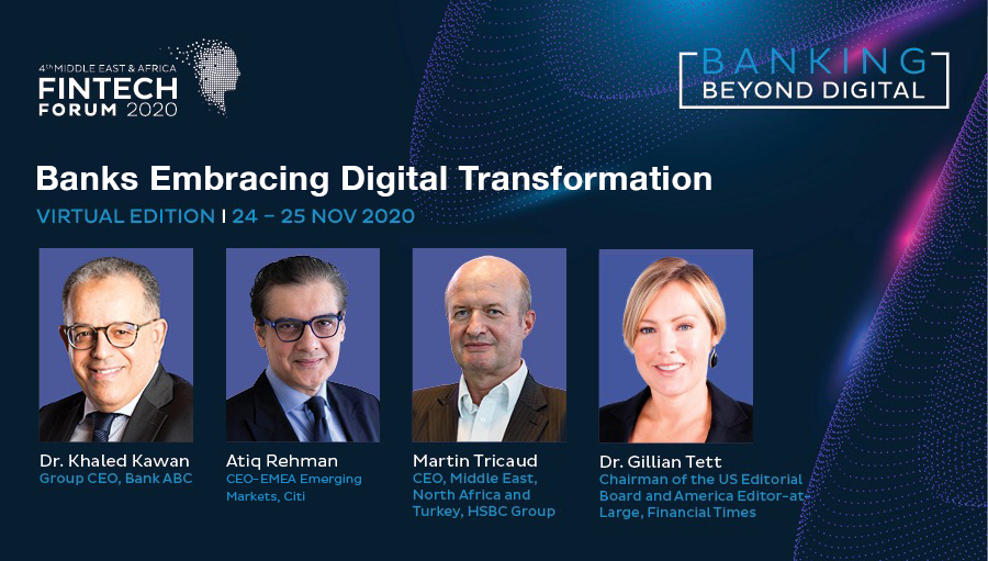 In the much-anticipated Banks CEOs panel, Dr. Khaled Kawan, Atiq Rehman and Martin Tricaud will converge to discuss the future of banking post the pandemic. Tune in to the 4th #MEAFINTECH Forum, hosted by <a href="/BankABC_news/">BankABC</a>, as we explore #BankingBeyondDigital. 24 &amp; 25 November 2020