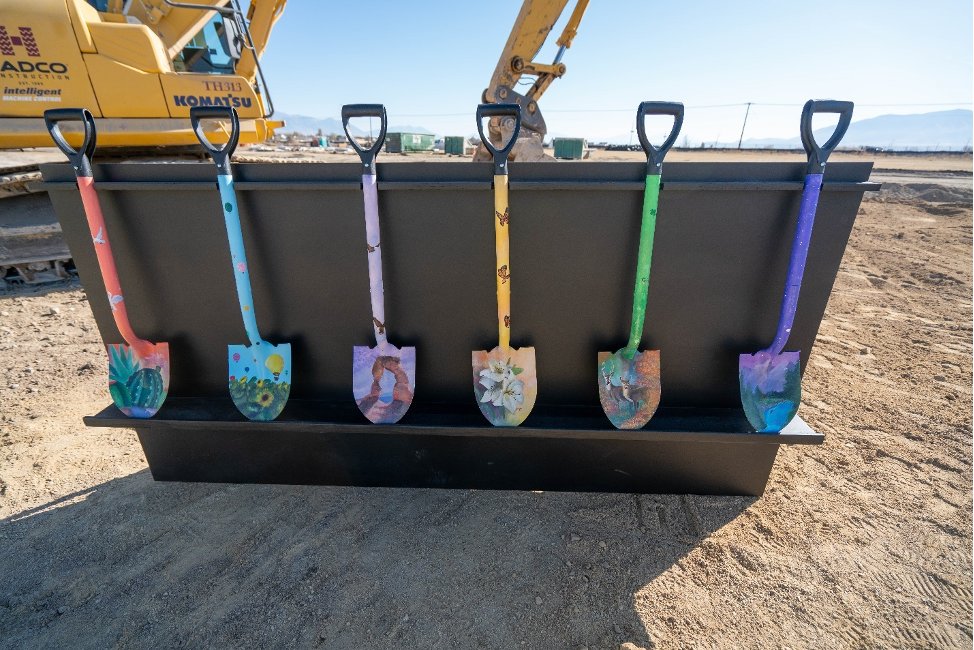 primarychildren's tweet photo. The shovels in the Nov. 19 groundbreaking for the new Primary Children’s Hospital in Lehi were painted by a young artist named Hailey Gafa. The shovels represent hope and healing through a child’s eyes, representing a specific theme such as strength, happiness, or endurance. https://t.co/6q1n2Zicgb