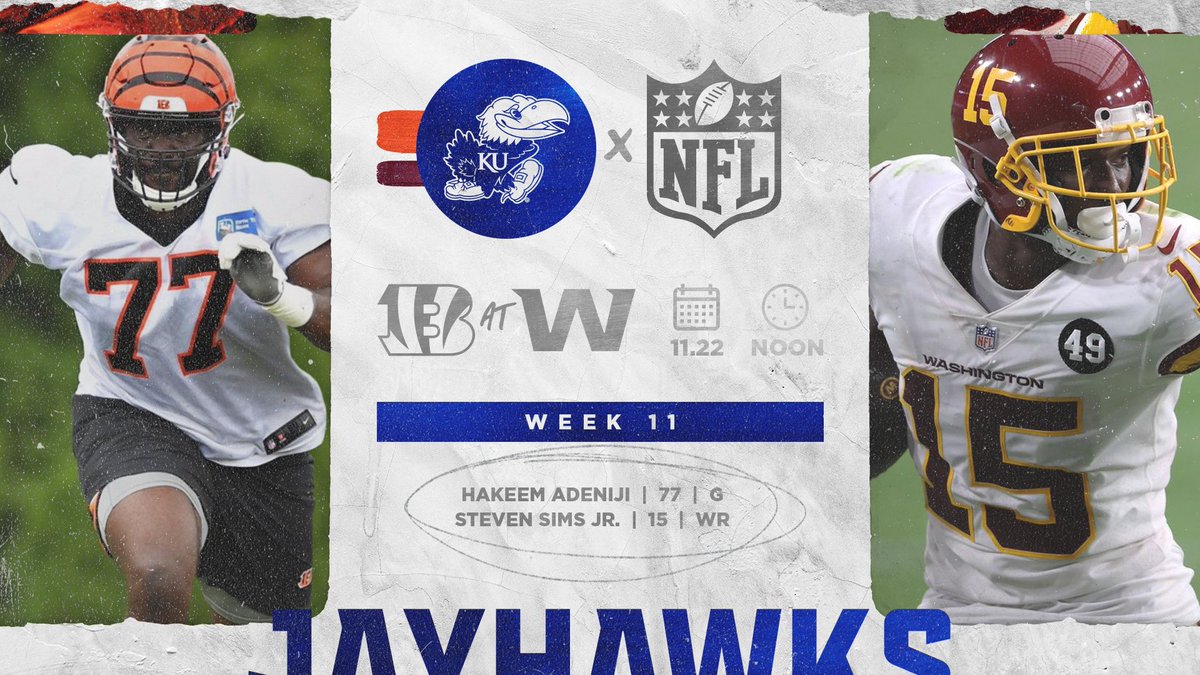 KU_Football's tweet photo. We’ll be watching this one 👀 

Good luck to @Keem78theGreat and @StevenSimsJr as they face off today at 12 pm CT! #NFLJayhawks https://t.co/hNGwSmhJOC