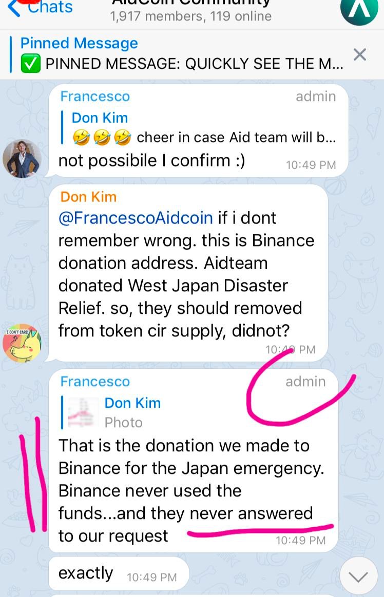 Bitalks's tweet photo. what actually happened with $1 M for west Japan Floods donation. @CZ
Review of founder Aidcoin who donated 1M $Aid Aidcoin for this donation. 
" @binance never used the funds... and they never answered to our request" - he said
Check by your self. Address
https://t.co/4QYXyIWGSb https://t.co/ITprgZjVmU