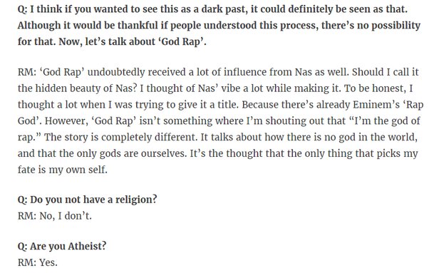 Moving on to RM's verse, the first line "I don't believe in God." makes sense, because Namjoon is an atheist and hw himself said that. "Colorful words makes him nervous"~ like 'cringe, fidget, babble, grunt, etc.' are all colorful words and they confuse him. The next lines ++