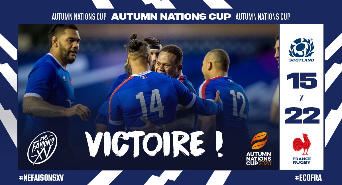 FranceRugby's tweet photo. 🏴󠁧󠁢󠁳󠁣󠁴󠁿🇫🇷 𝐕𝐈𝐂𝐓𝐎𝐈𝐑𝐄 ! 😍 Le #XVdeFrance s'impose aujourd'hui à Murrayfield pour la première fois depuis 2014 et remporte sa première victoire sur le terrain dans cette @autumnnations 2020 ! 🔥 #ECOFRA #NeFaisonsXV https://t.co/ozasSIL3L2
